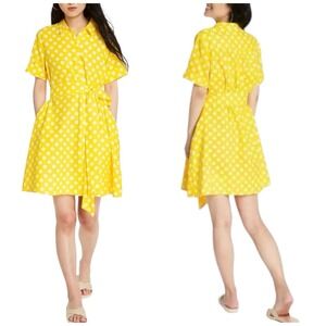LISA MARIE FERNANDEZ Linen Blend Polka Dot Shirt Dress Yellow White Womens L